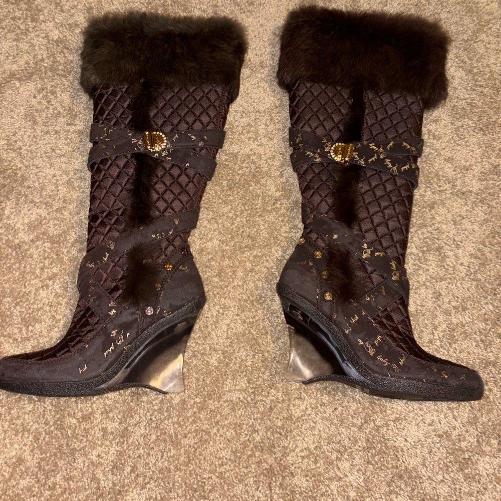 Baby Phat Brown fur  Quilted Winter Boots with Gold Accents